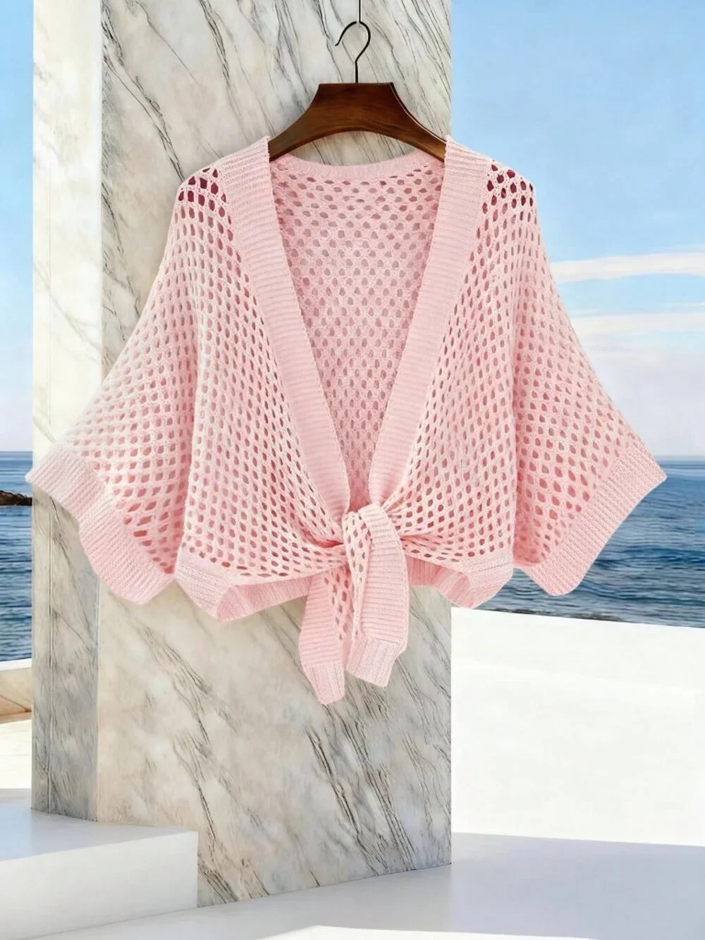 Pink Casual Women's Hollow V-Neck Tie-Up Loose Versatile Sexy Cardigan